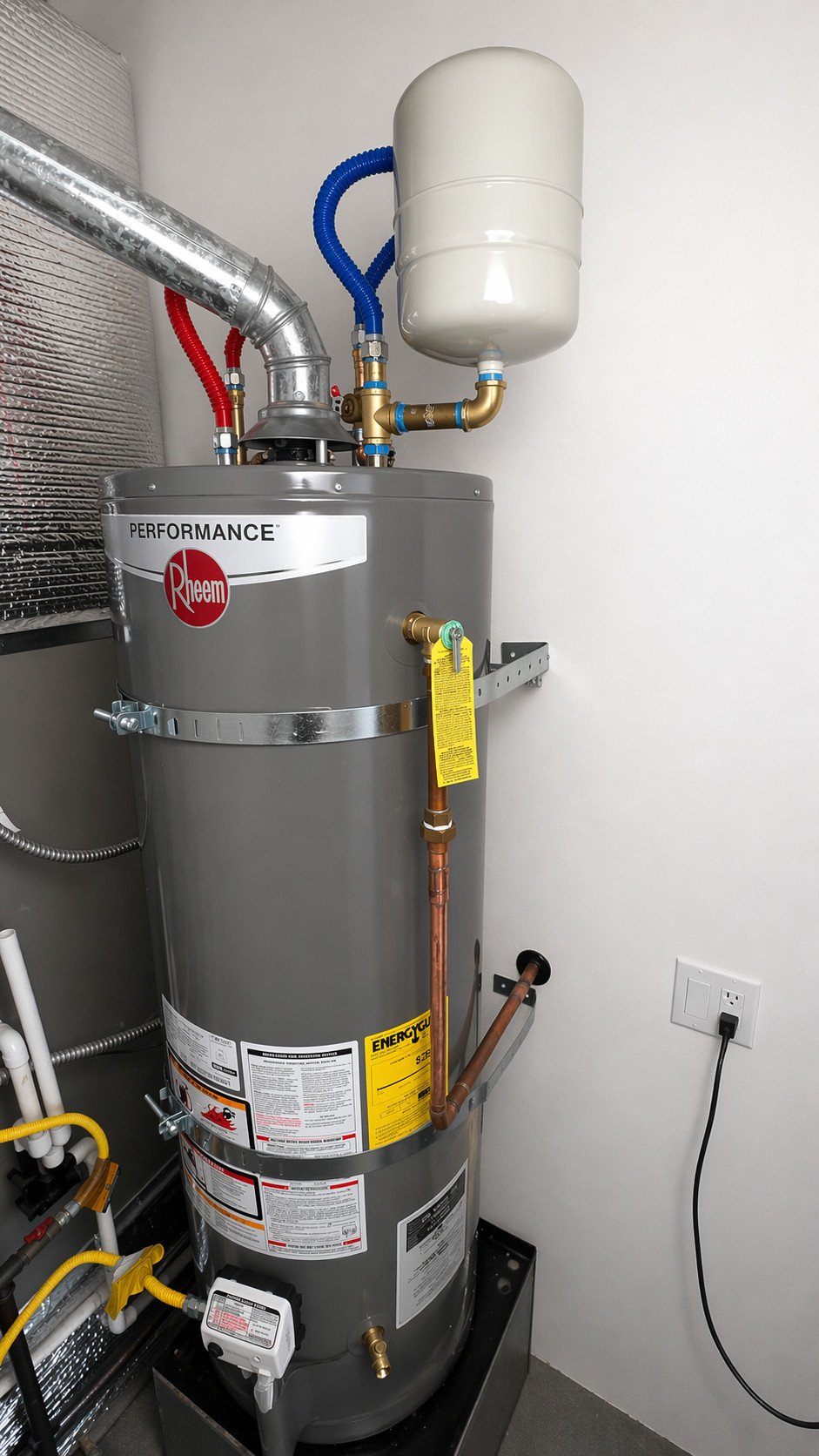 Rheem gas water heater installation with expansion tank in utility room