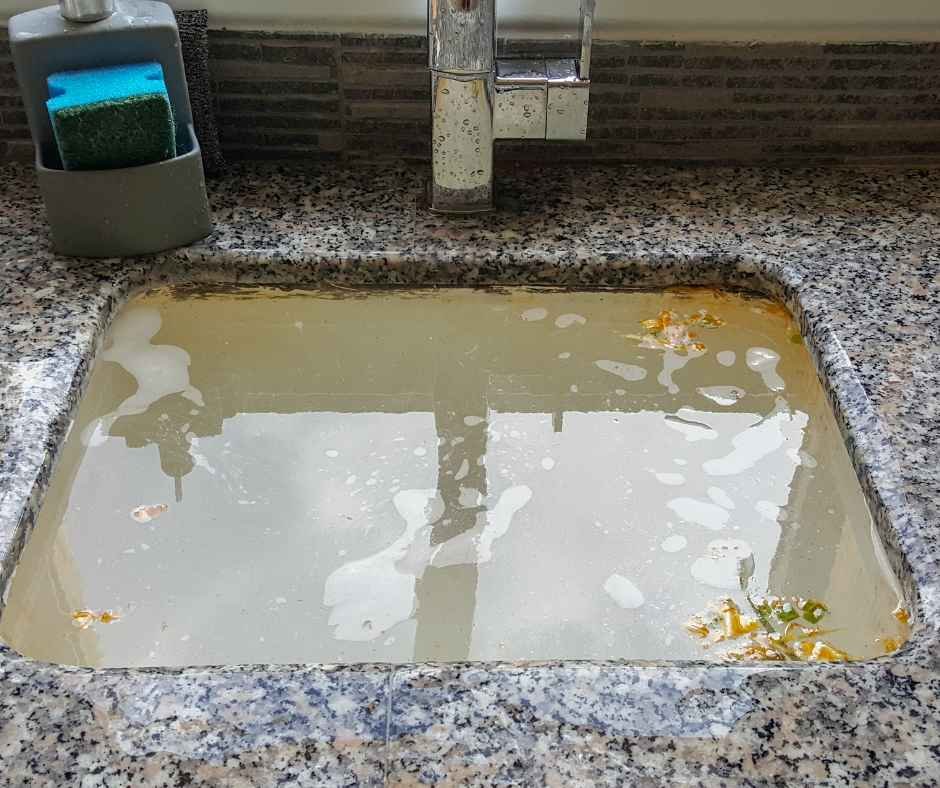 Clogged kitchen sink before drain cleaning in Puyallup WA